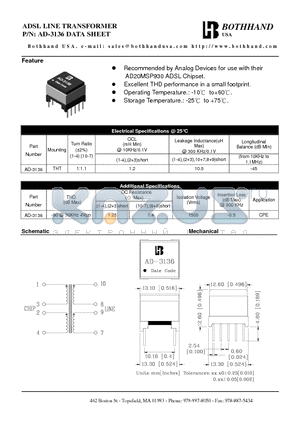 AD-3136 datasheet - ADSL LINE TRANSFORMER