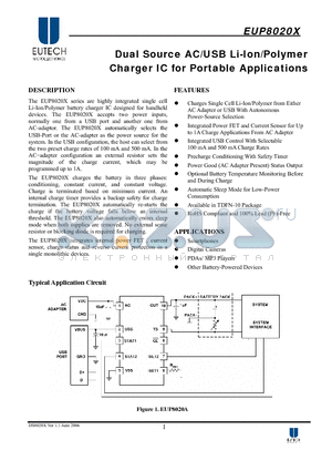 EUP8020A-JIR1 datasheet - Dual Source AC/USB Li-Ion/Polymer Charger IC for Portable Applications