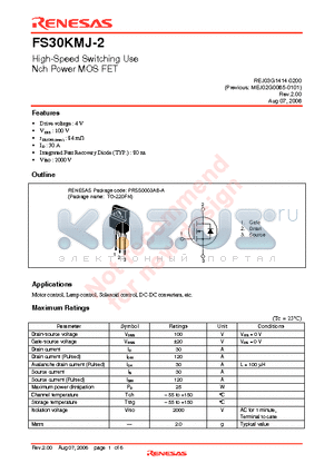 FS30KMJ-2-A8 datasheet - High-Speed Switching Use Nch Power MOS FET