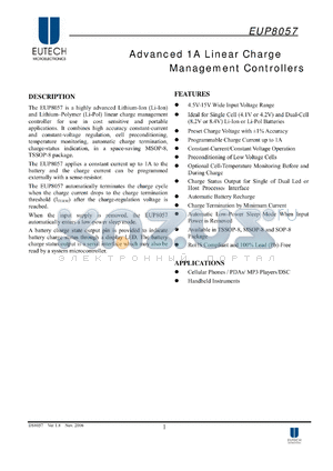 EUP8057 datasheet - Advanced 1A Linear Charge Management Controllers