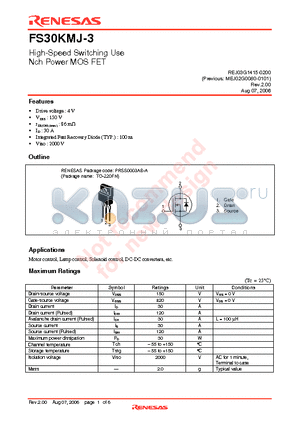 FS30KMJ-3-A8 datasheet - High-Speed Switching Use Nch Power MOS FET