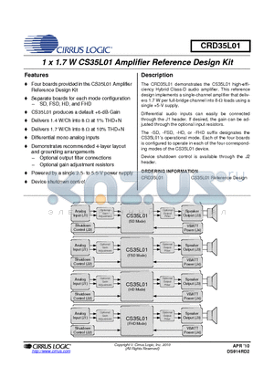 CRD35L01 datasheet - 1 x 1.7 W CS35L01 Amplifier Reference Design Kit