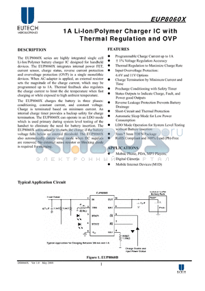 EUP8060X datasheet - 1A Li-Ion/Polymer Charger IC with Thermal Regulation and OVP