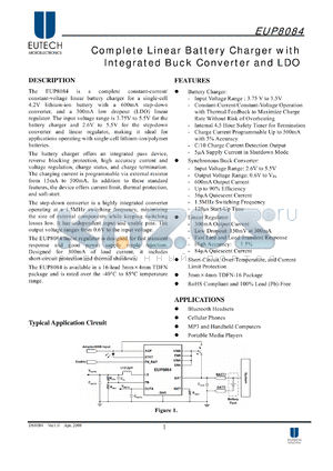 EUP8084-42-18JIR1 datasheet - Complete Linear Battery Charger with Integrated Buck Converter and LDO