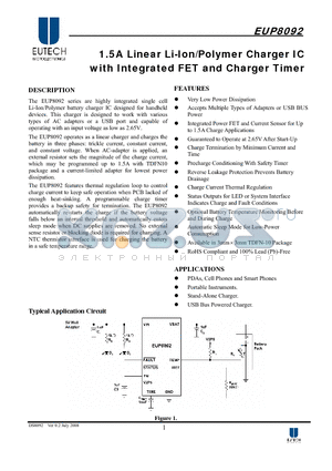 EUP8092 datasheet - 1.5A Linear Li-Ion/Polymer Charger IC with Integrated FET and Charger Timer