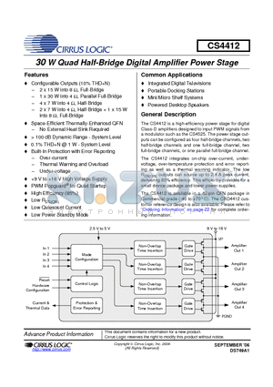 CRD4412 datasheet - 30 W Quad Half-Bridge Digital Amplifier Power Stage