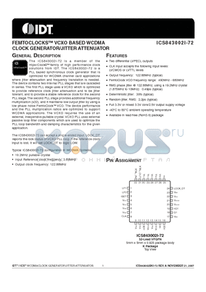 843002BKI-72LFT datasheet - FEMTOCLOCKS VCXO BASED WCDMA CLOCK GENERATOR/JITTER ATTENUATOR