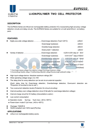 EUP9232ADQIR1 datasheet - LI-ION/POLYMER TWO CELL PROTECTOR