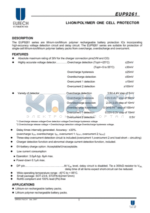 EUP9261BBVIR0 datasheet - LI-ION/POLYMER ONE CELL PROTECTOR