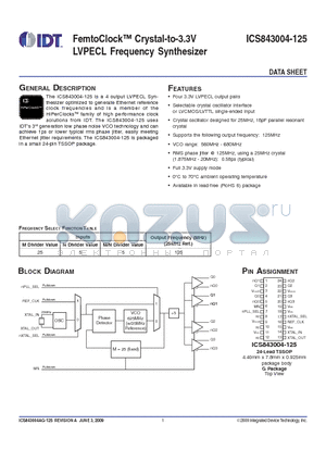 843004AG-125LF datasheet - FemtoClock Crystal-to-3.3V LVPECL Frequency Synthesizer