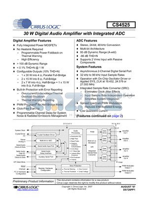 CRD4525-D1 datasheet - 30 W Digital Audio Amplifier with Integrated ADC