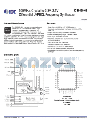 8430AY-62 datasheet - 500MHz, Crystal-to-3.3V, 2.5V Differential LVPECL Frequency Synthesizer
