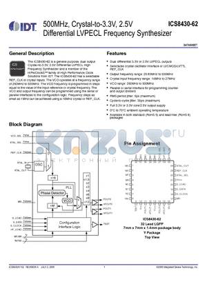 8430AY-62LFT datasheet - 500MHz, Crystal-to-3.3V, 2.5V Differential LVPECL Frequency Synthesizer