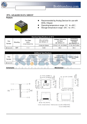 AD-6610S datasheet - ADSL LINE TRANSFORMER