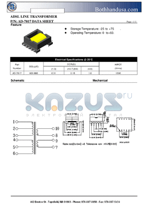 AD-7017 datasheet - ADSL LINE TRANSFORMER