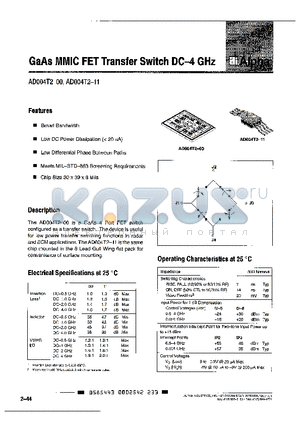 AD004T2-00 datasheet - GaAs MMIC FET Transfer Switch DC-4 GHz