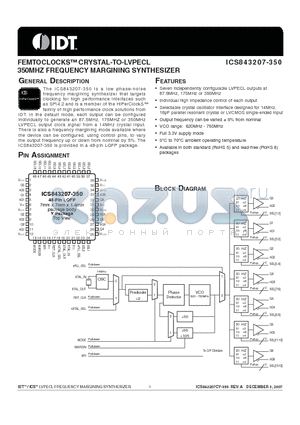 843207CY-350LFT datasheet - FEMTOCLOCKS CRYSTAL-TO-LVPECL 350MHZ FREQUENCY MARGINING SYNTHESIZER