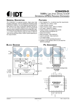 84329AM-01 datasheet - 700MHZ, LOW JITTER, CRYSTAL-TO-3.3V DIFFERENTIAL LVPECL FREQUENCY SYNTHESIZER