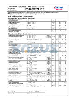 FS400R07A1E3 datasheet - DC-collector current / diode forward current limited by power terminals