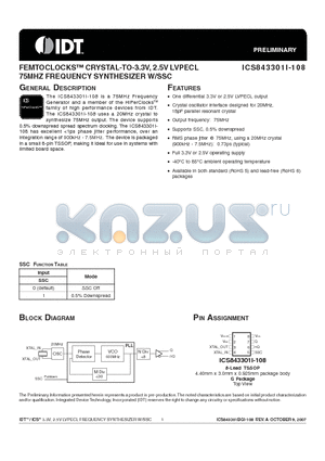 843301BGI-108LF datasheet - FEMTOCLOCKS CRYSTAL-TO-3.3V, 2.5V LVPECL 75MHZ FREQUENCY SYNTHESIZER W/SSC