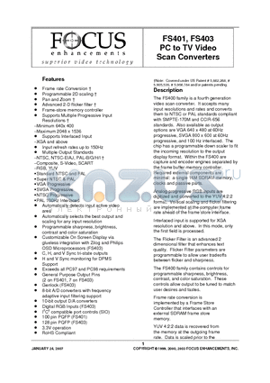 FS401 datasheet - PC to TV Video Scan Converters