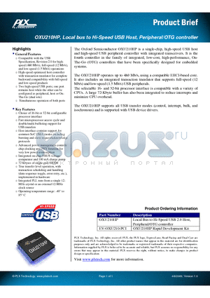 EV-OXU210-PCI datasheet - Local bus to Hi-Speed USB Host, Peripheral/OTG controller