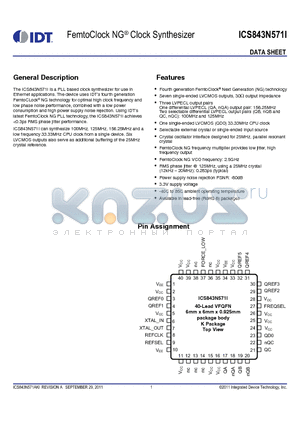 843N571AKILFT datasheet - FemtoClock NG^ Clock Synthesizer