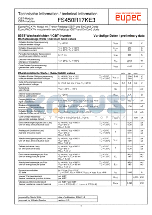 FS450R17KE3 datasheet - EconoPACK module with trench/fieldstop IGBT and EmCon3 diode