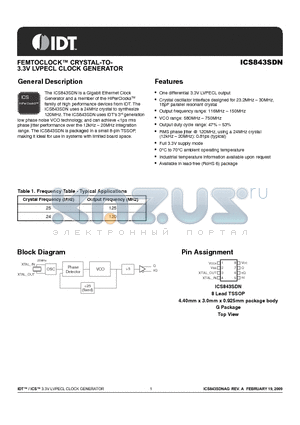 843SDNAGLFT datasheet - FEMTOCLOCK CRYSTAL-TO-3.3V LVPECL CLOCK GENERATOR