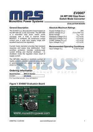 EV0007 datasheet - 2A MP1580 Step Down Switch Mode Converter