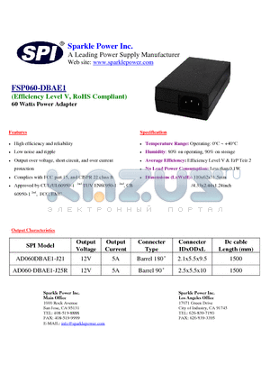 AD060DBAE1-J21 datasheet - 60 Watts Power Adapter High efficiency and reliability