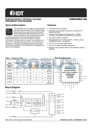 844004AK-104 datasheet - FEMTOCLOCKS CRYSTAL-TO-LVDS FREQUENCY SYNTHESIZER