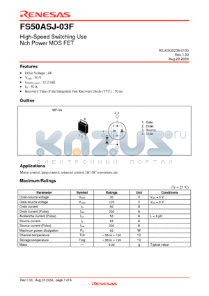 FS50ASJ-03F datasheet - High-Speed Switching Use Nch Power MOS FET