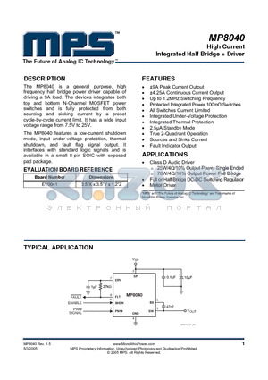 EV0041 datasheet - High Current Integrated Half Bridge  Driver