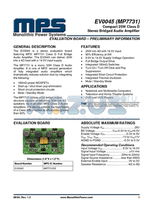 EV0045 datasheet - Compact 25W Class D Stereo Bridged Audio Amplifier