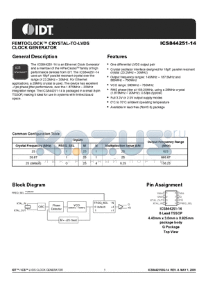 844251BG-14 datasheet - FEMTOCLOCK CRYSTAL-TO-LVDS CLOCK GENERATOR