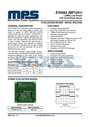 EV0062 datasheet - 1.3MHz Low Power LED Torch/Flash Driver