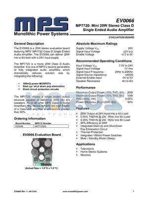 EV0066 datasheet - Mini 20W Stereo Class D Single Ended Audio Amplifier