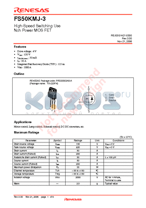 FS50KMJ-3-A8 datasheet - High-Speed Switching Use Nch Power MOS FET
