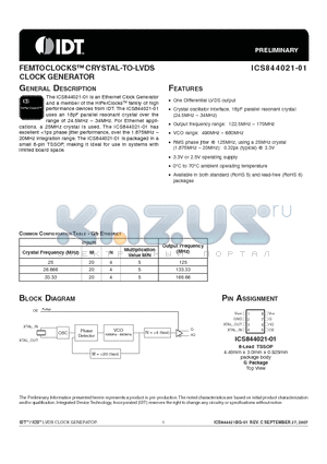 844021BG-01LF datasheet - FEMTOCLOCKS CRYSTAL-TO-LVDS CLOCK GENERATOR