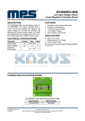 EV2000DJ-00A datasheet - Low Input Voltage 150mA Linear Regulator Evaluation Board