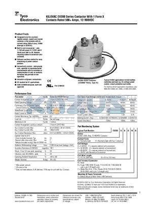 EV200AABBA datasheet - KILOVAC EV200 Series Contactor With 1 Form X Contacts Rated 500 Amps, 12-900VDC