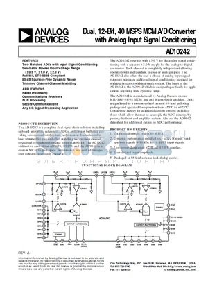 AD10242TZ datasheet - Dual, 12-Bit, 40 MSPS MCM A/D Converter with Analog Input Signal Conditioning