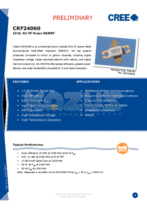 CRF24060 datasheet - 60 W, SiC RF Power MESFET