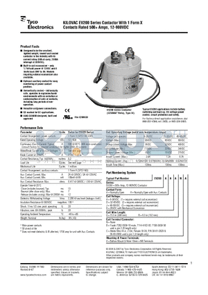 EV200ARANA datasheet - KILOVAC EV200 Series Contactor With 1 Form X Contacts Rated 500 Amps, 12-900VDC