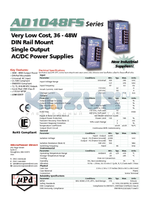 AD1036-12FS datasheet - Very Low Cost, 36 - 48W DIN Rail Mount Single Output AC/DC Power Supplies