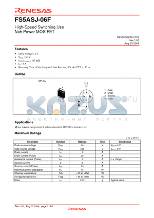 FS5ASJ-06F datasheet - High-Speed Switching Use Nch Power MOS FET