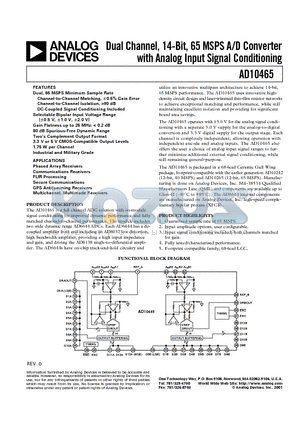AD10465BZ datasheet - Dual Channel, 14-Bit, 65 MSPS A/D Converter with Analog Input Signal Conditioning