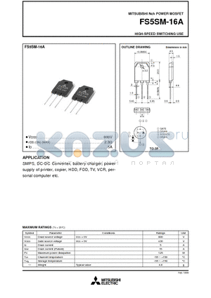 FS5SM-16A datasheet - Nch POWER MOSFET HIGH-SPEED SWITCHING USE