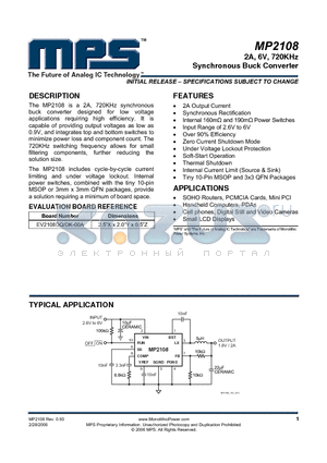 EV2108DQ/DK-00A datasheet - 2A, 6V, 720KHz Synchronous Buck Converter